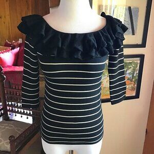 RALPH LAUREN Black Label Ruffled Collar White Black Stripe Nautical Sweater - XS